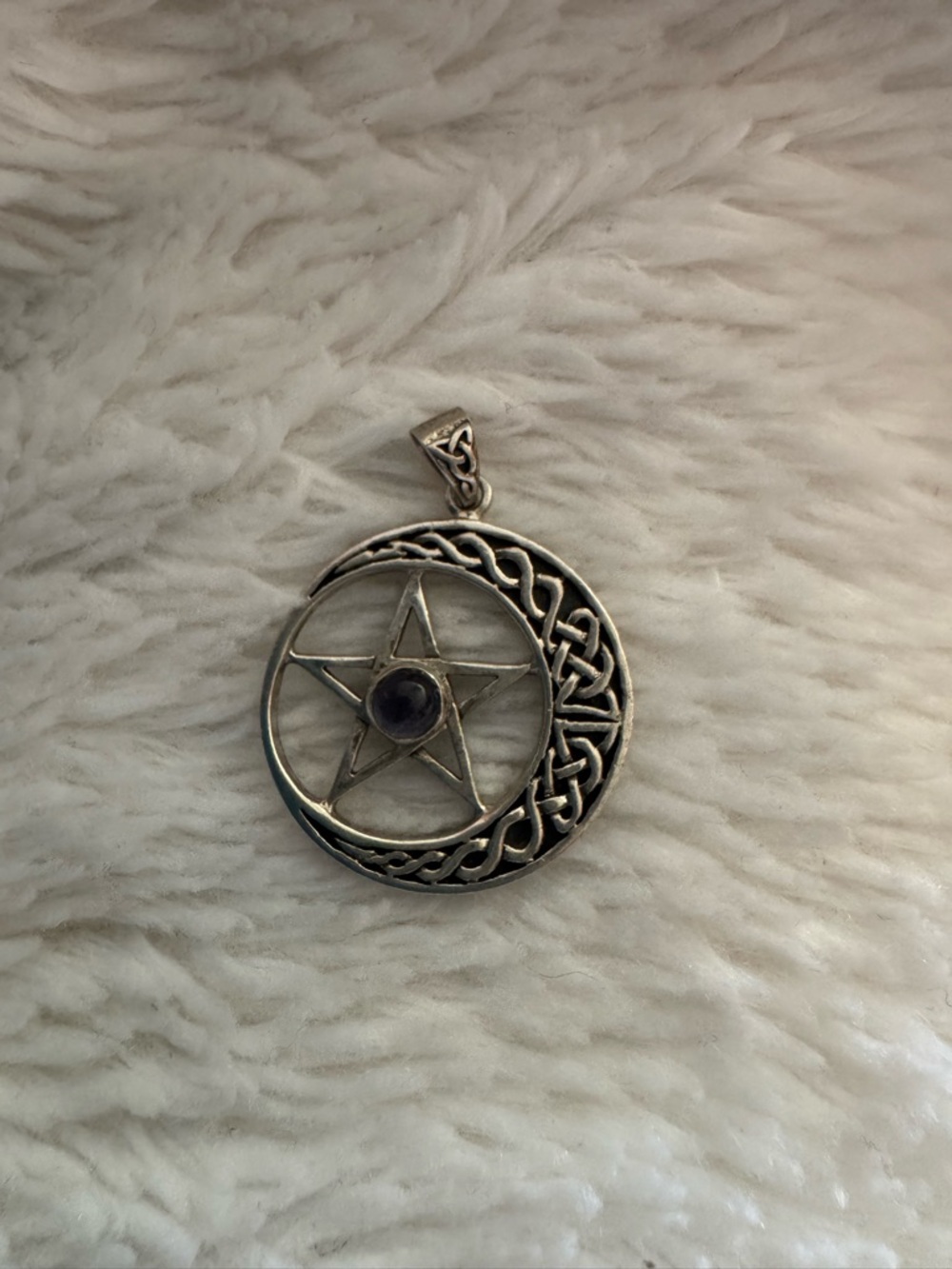 Vintage Signed Celtic Knotwork Crescent Moon Pentacle Pendant w/ Amethyst Stone - Picture 2 of 5